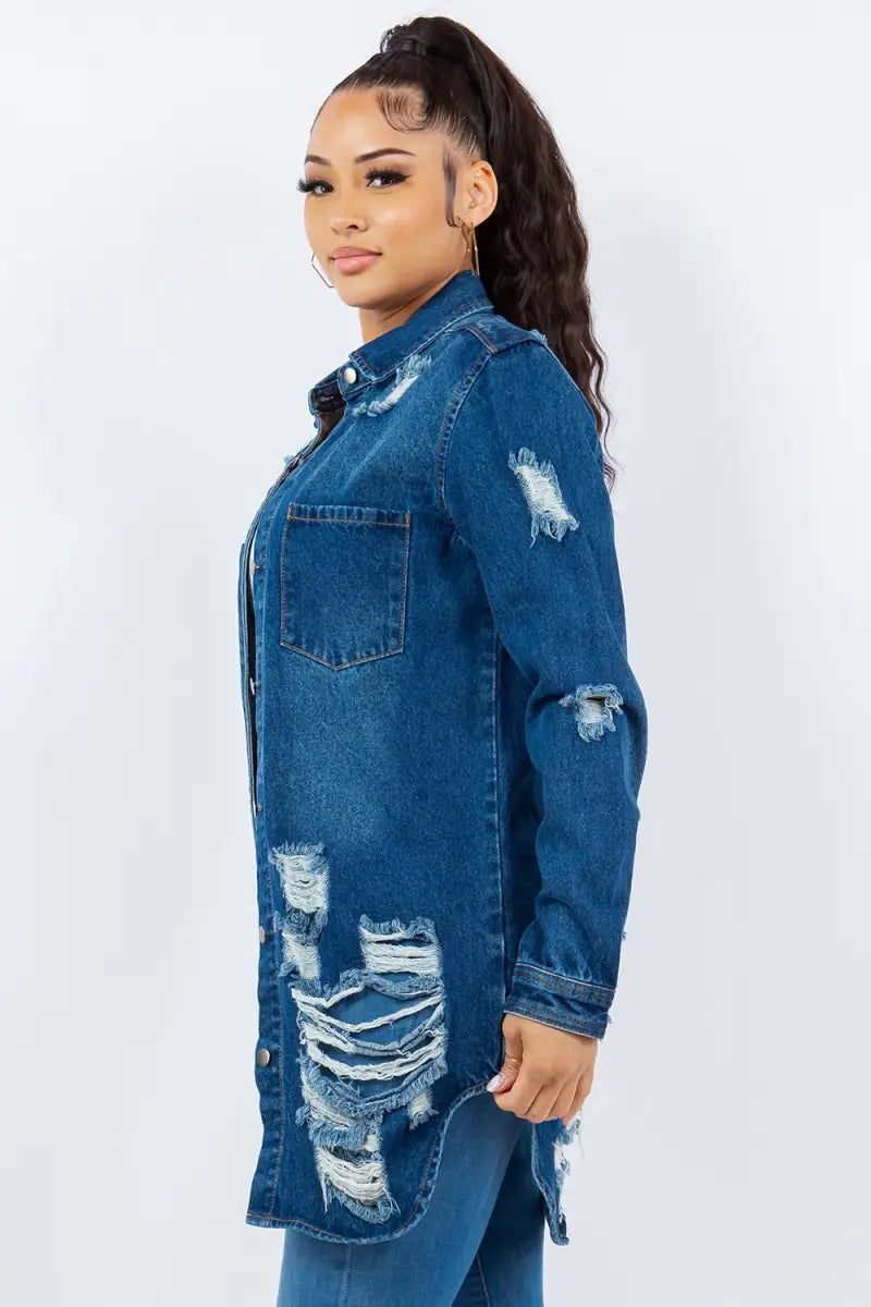 Blue Distressed Button Up Long Sleeve Denim Jacket - Jacket - American Bazi - Outerwear