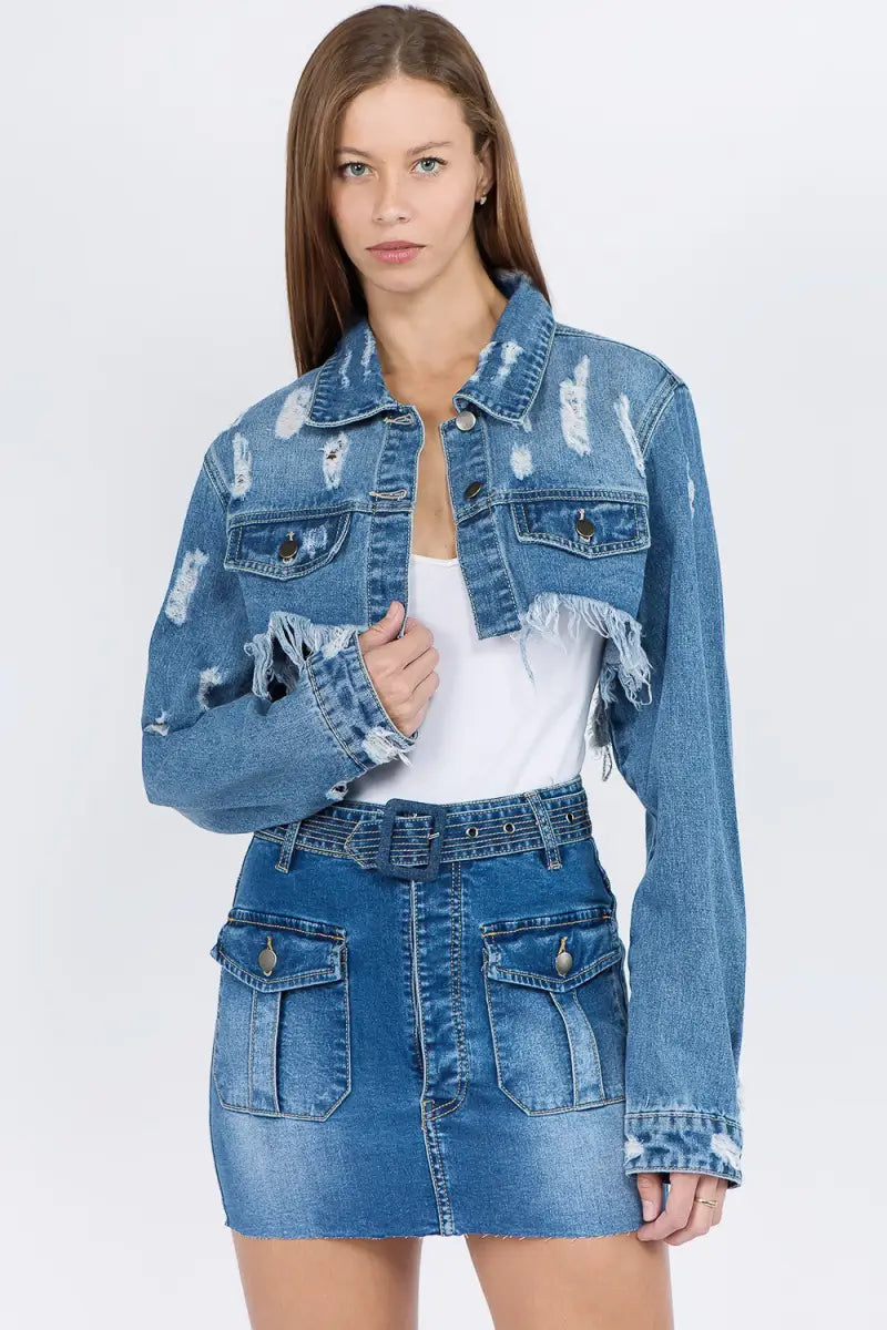 Blue / S - Blue Distressed Denim Jacket with Frayed Hem - Jacket - American Bazi - Outerwear