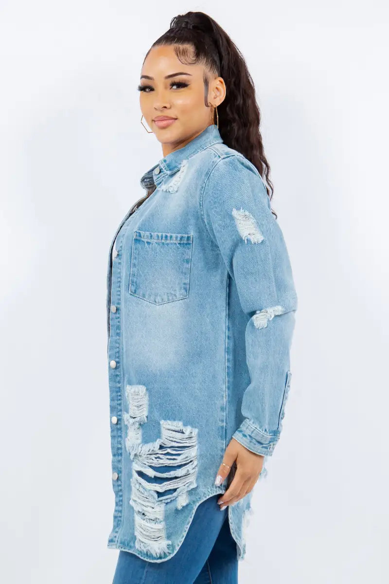 Distressed Button Up Long Sleeve Denim Jacket - Jacket - American Bazi - Outerwear