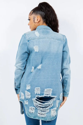 Distressed Button Up Long Sleeve Denim Jacket - Jacket - American Bazi - Outerwear