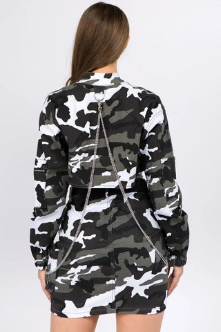 Gray Camouflage Cropped Jacket with Chains - Jacket - American Bazi - Outerwear