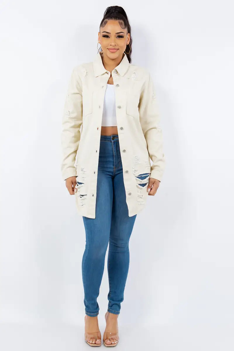 Ivory Distressed Button Up Long Sleeve Denim Jacket - Jacket - American Bazi - Outerwear