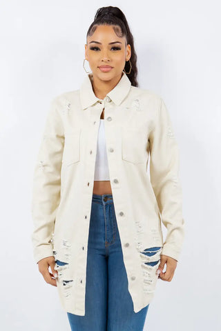 Ivory / S - Ivory Distressed Button Up Long Sleeve Denim Jacket - Jacket - American Bazi - Outerwear