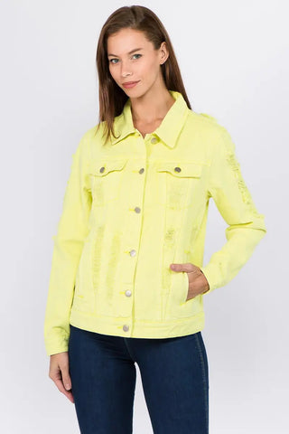 Lime/Neon Yellow / S - Distressed Back Button Down Denim Jacket - Jacket - American Bazi - Outerwear