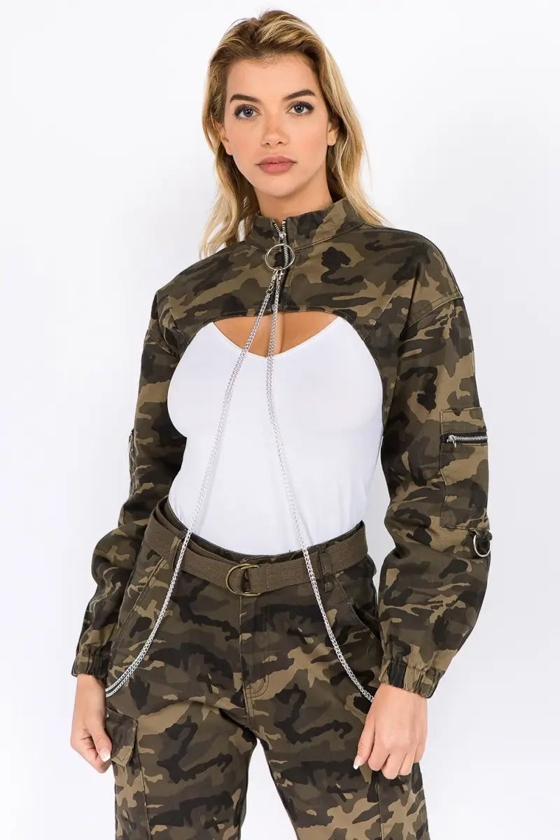 Olive Camo / S - Summer Camouflage Cropped Jacket with Chains - Jacket - American Bazi - Outerwear