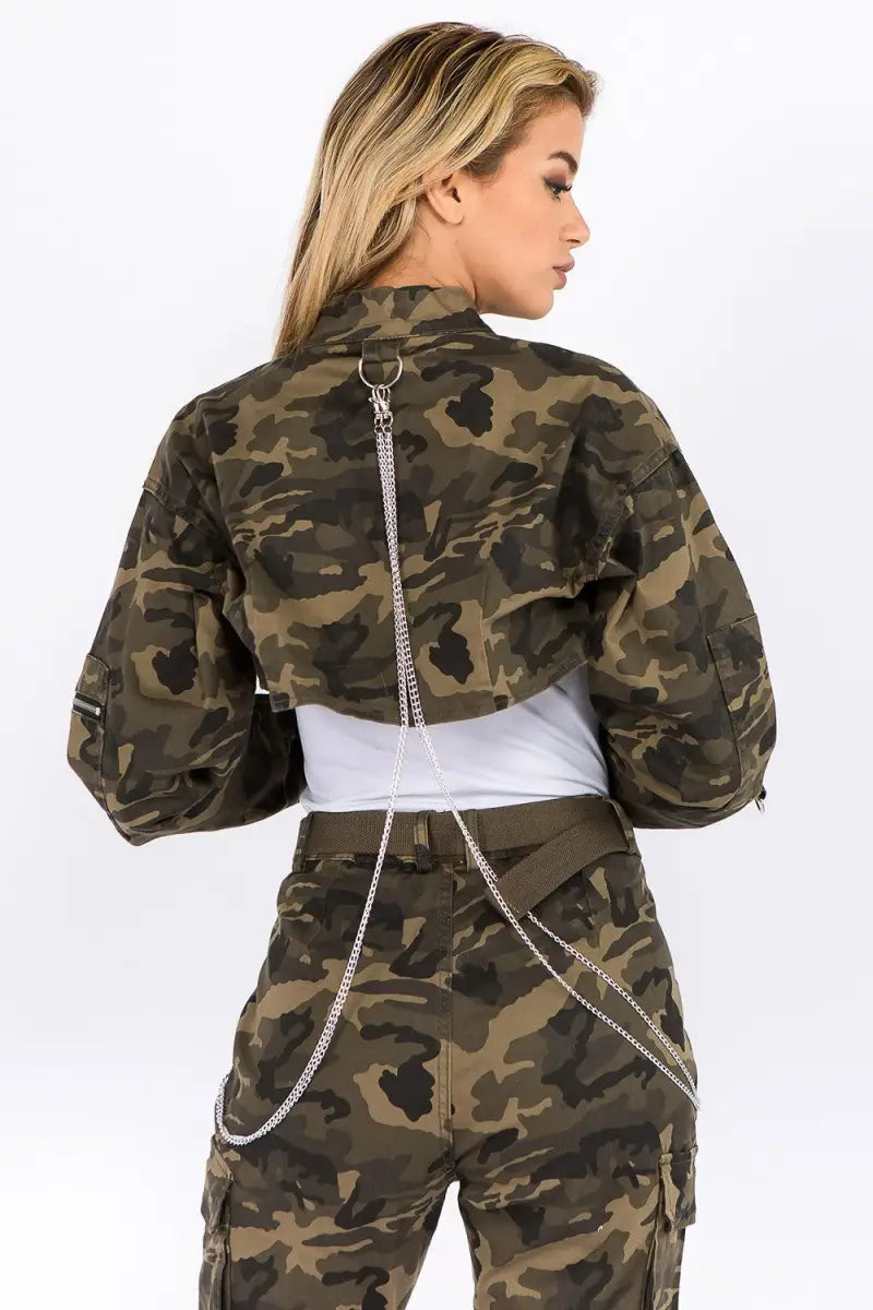 Summer Camouflage Cropped Jacket with Chains - Jacket - American Bazi - Outerwear