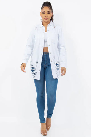 White Distressed Button Up Long Sleeve Denim Jacket - Jacket - American Bazi - Outerwear