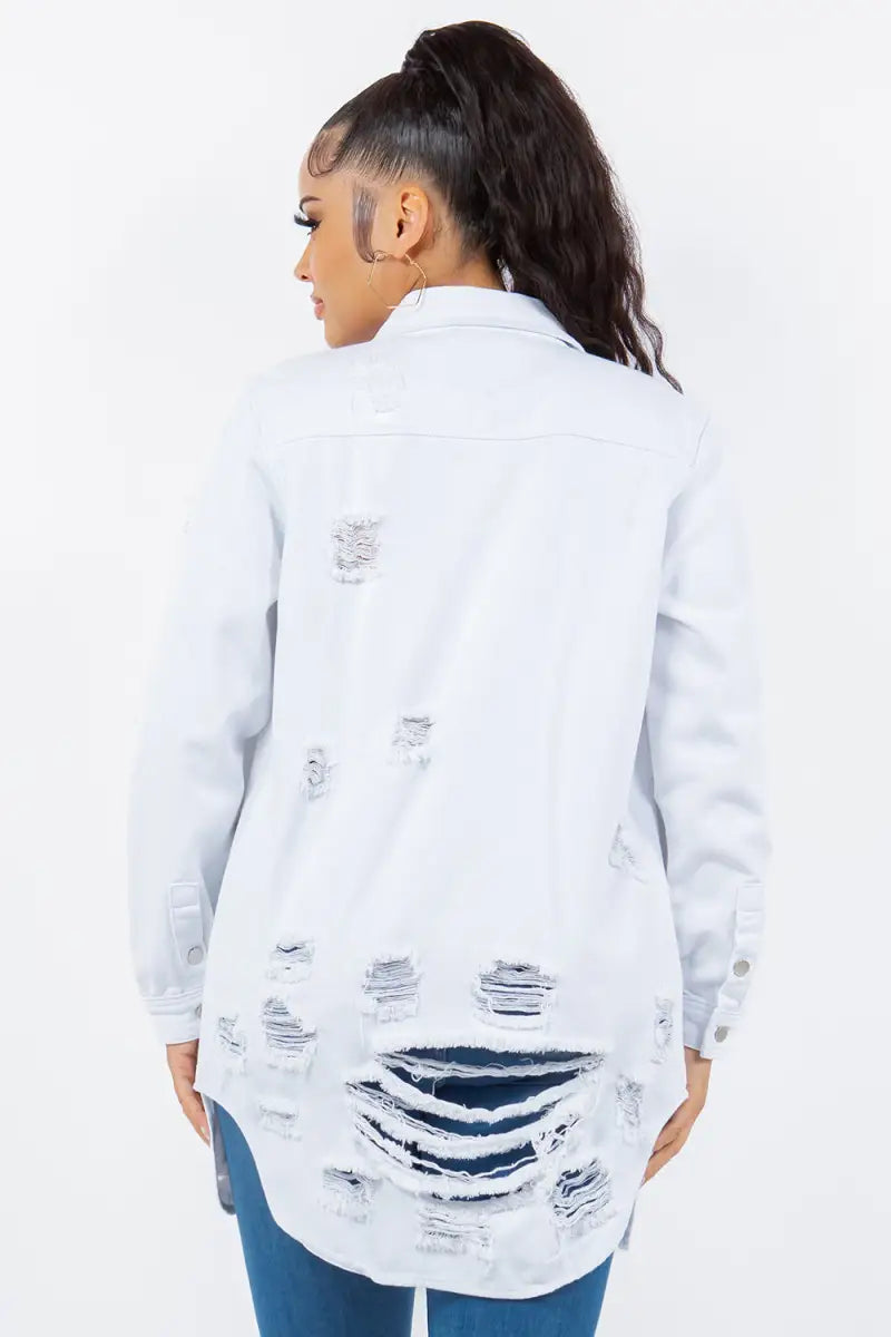 White Distressed Button Up Long Sleeve Denim Jacket - Jacket - American Bazi - Outerwear