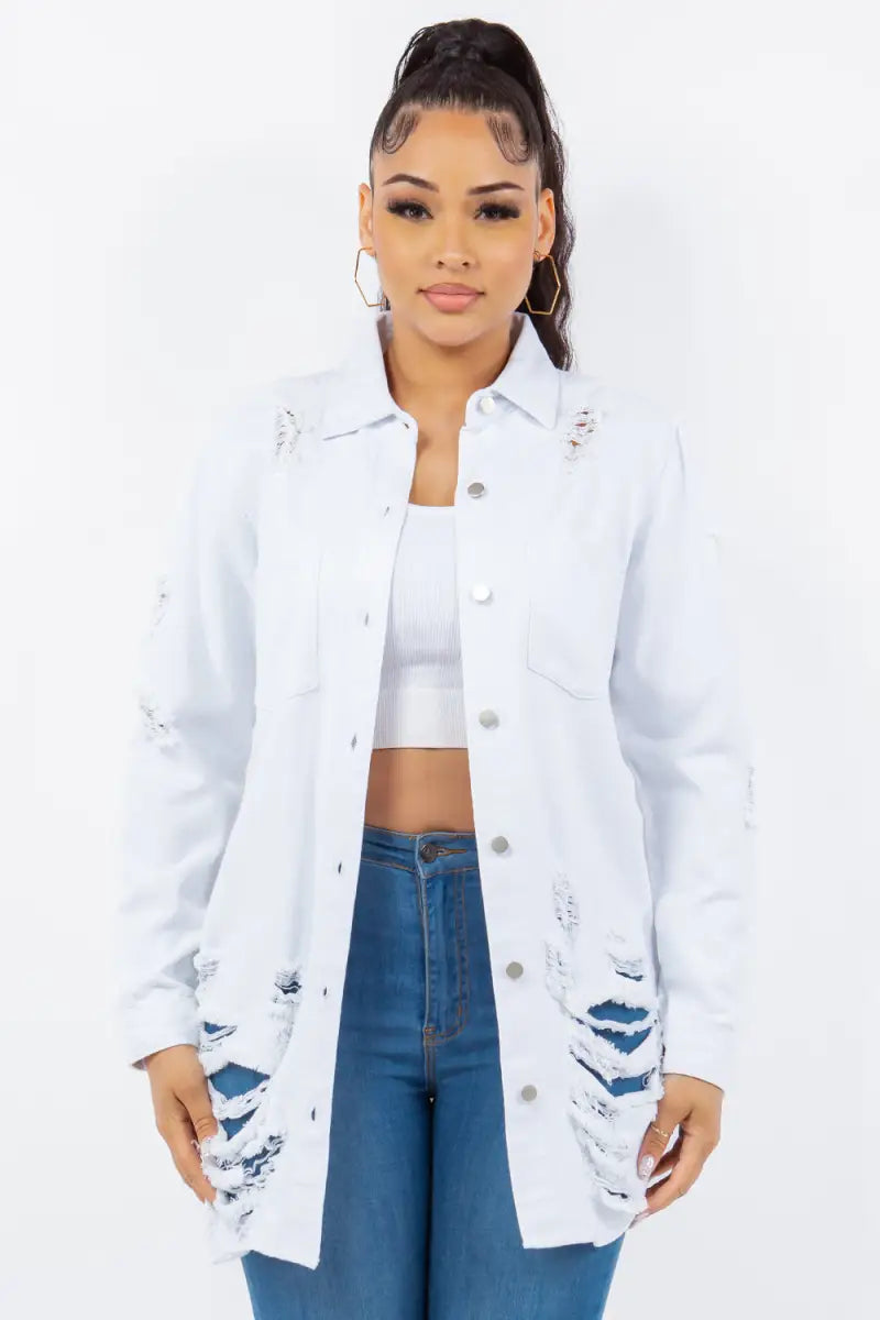 White / S - White Distressed Button Up Long Sleeve Denim Jacket - Jacket - American Bazi - Outerwear