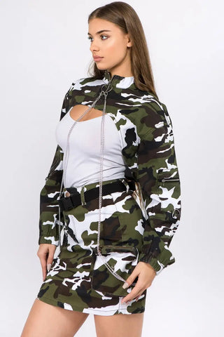 Winter Camouflage Cropped Jacket with Chains - Jacket - American Bazi - Outerwear