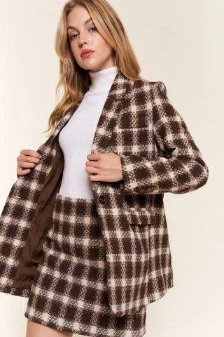 Brown / S - Full Size Plaid Brushed One Button Blazer - Blazer - And The Why - Winter Collection