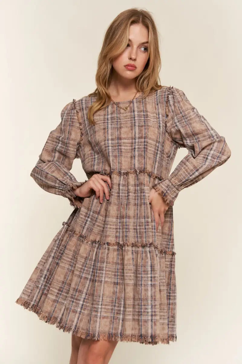 Brown / S - Full Size Washed Frayed Tiered Plaid Dress - And The Why - Dresses