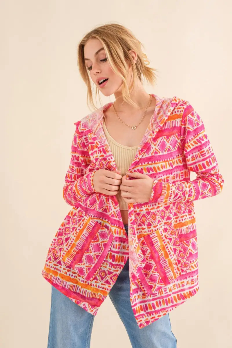 Coral Multi / S - Full Size Printed Thermal Hooded Open Front Cardigan - Cardigan - And The Why - Outerwear