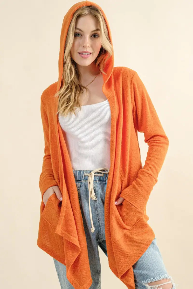 Dusty Coral / S - Full Size Thermal Hooded Open Front Cardigan with Pockets - Cardigan - And The Why - Outerwear