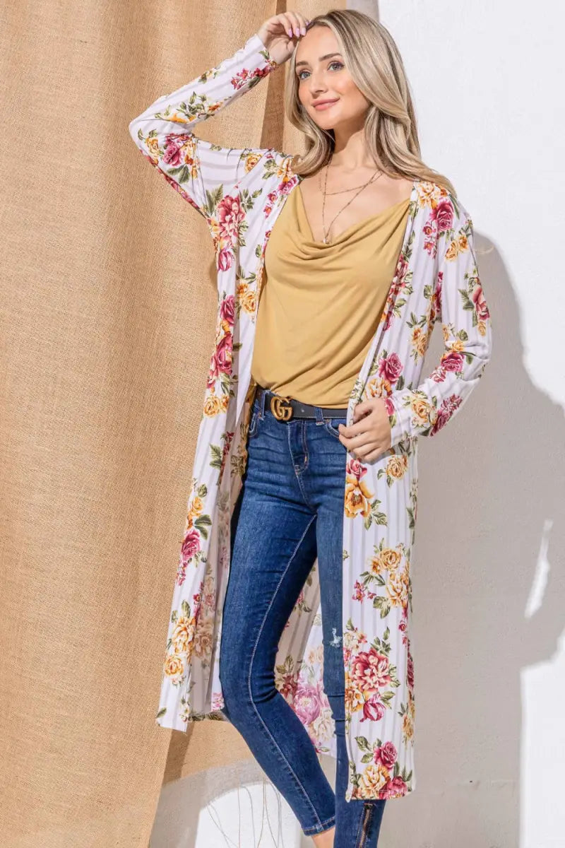 Floral Kimono Open Front Longline Cardigan - Cardigan - And The Why - Outerwear