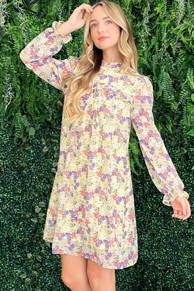 Floral Mock Neck Flounce Sleeve Dress - And The Why - Dresses