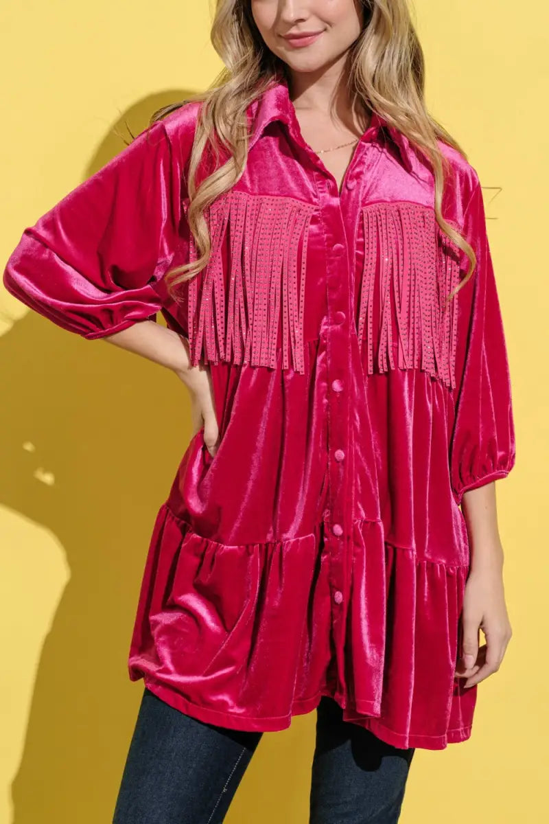 Fringe Detailed Velvet Shirt Dress - And The Why - Dresses