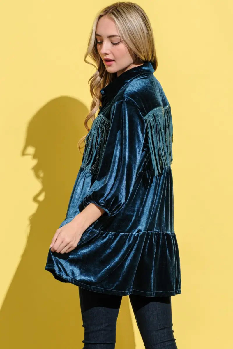 Fringe Detailed Velvet Shirt Dress - And The Why - Dresses