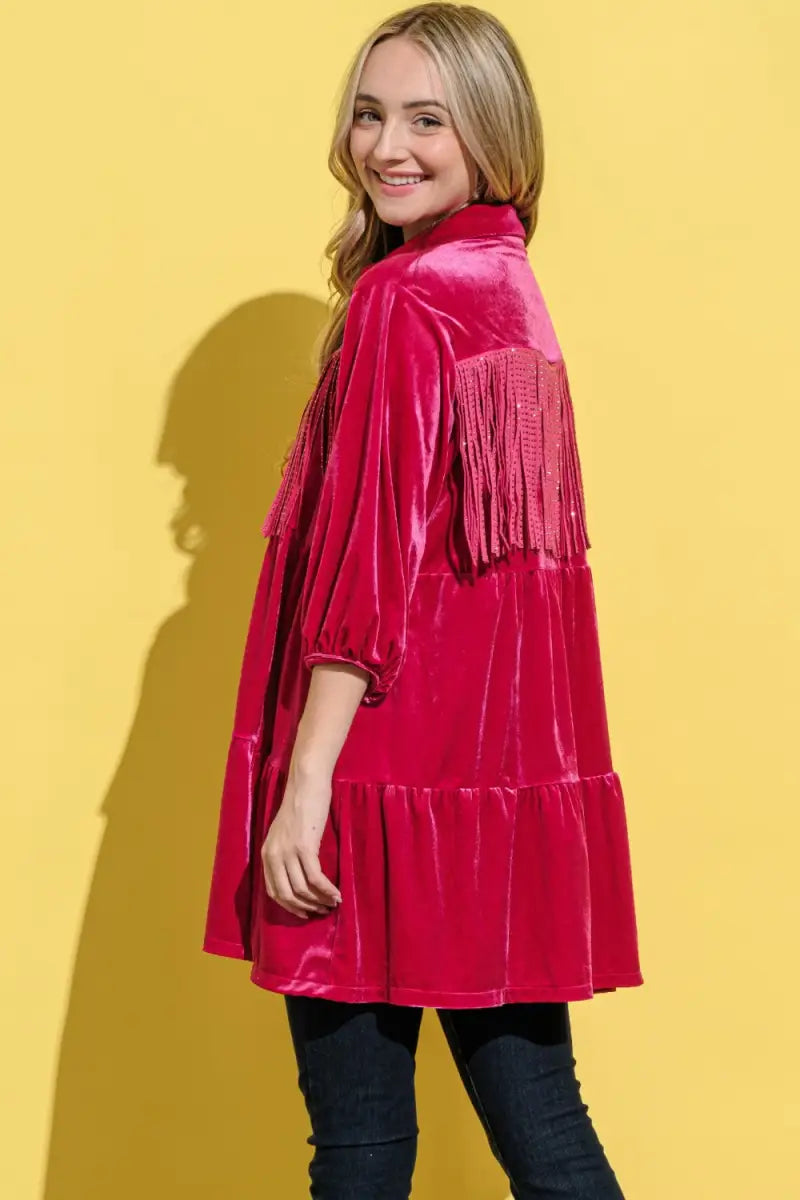 Fringe Detailed Velvet Shirt Dress - And The Why - Dresses