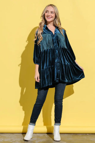 Fringe Detailed Velvet Shirt Dress - And The Why - Dresses