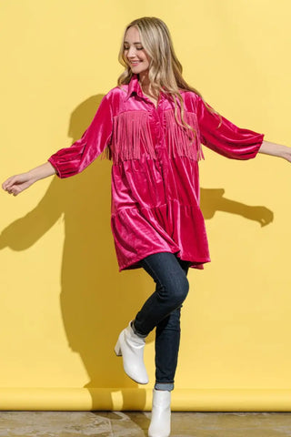 Fringe Detailed Velvet Shirt Dress - And The Why - Dresses