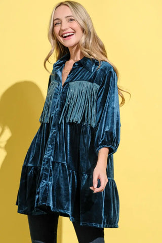 Fringe Detailed Velvet Shirt Dress - And The Why - Dresses