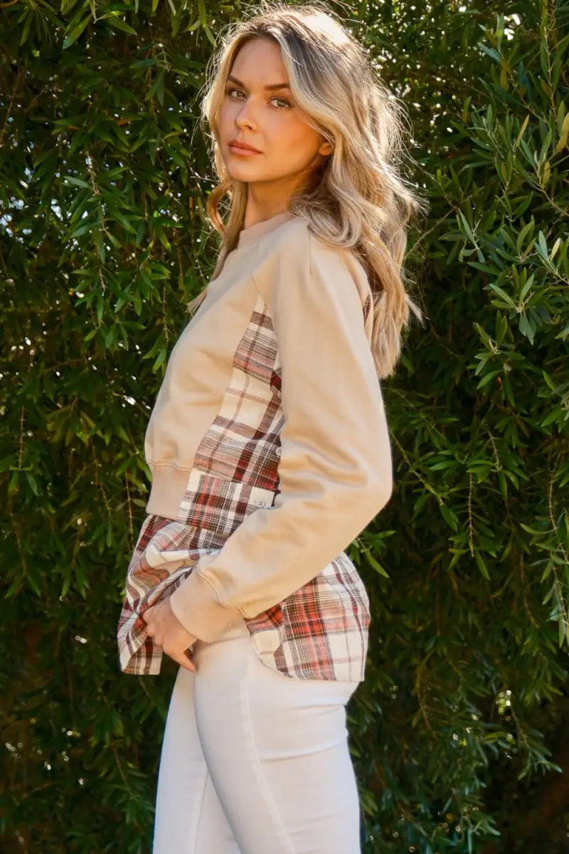 Full Size Double Layered Plaid Contrast Sweatshirt - And The Why - Tops