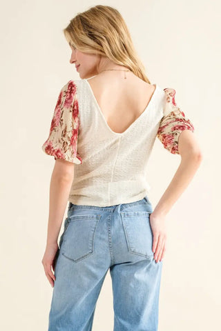 Full Size Floral Print Textured Sleeve Knit Top - Blouse - And The Why - Tops