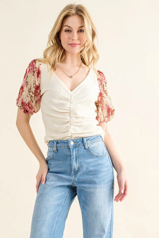 Full Size Floral Print Textured Sleeve Knit Top - Blouse - And The Why - Tops