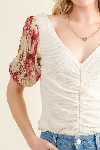 Full Size Floral Print Textured Sleeve Knit Top - Blouse - And The Why - Tops