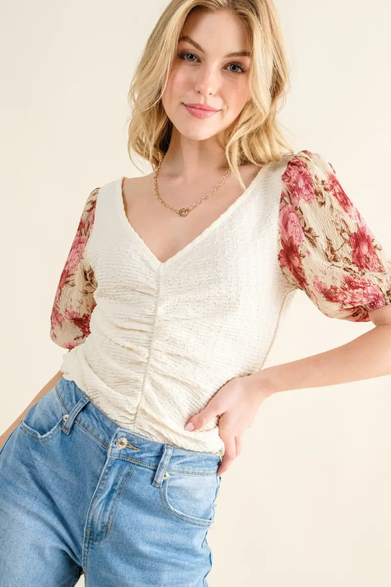 Full Size Floral Print Textured Sleeve Knit Top - Blouse - And The Why - Tops