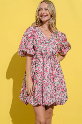 Full Size Floral Surplice Puff Sleeve Dress - And The Why - Dresses