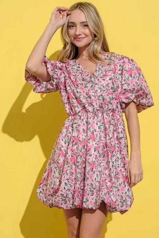 Full Size Floral Surplice Puff Sleeve Dress - And The Why - Dresses