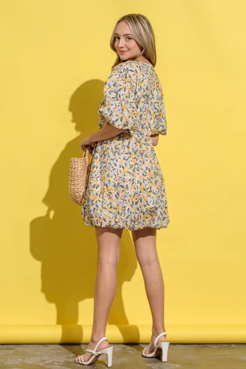 Full Size Floral Surplice Puff Sleeve Dress - And The Why - Dresses