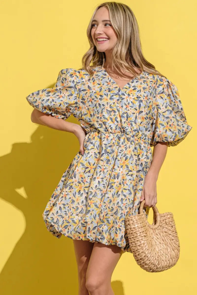 Full Size Floral Surplice Puff Sleeve Dress - And The Why - Dresses