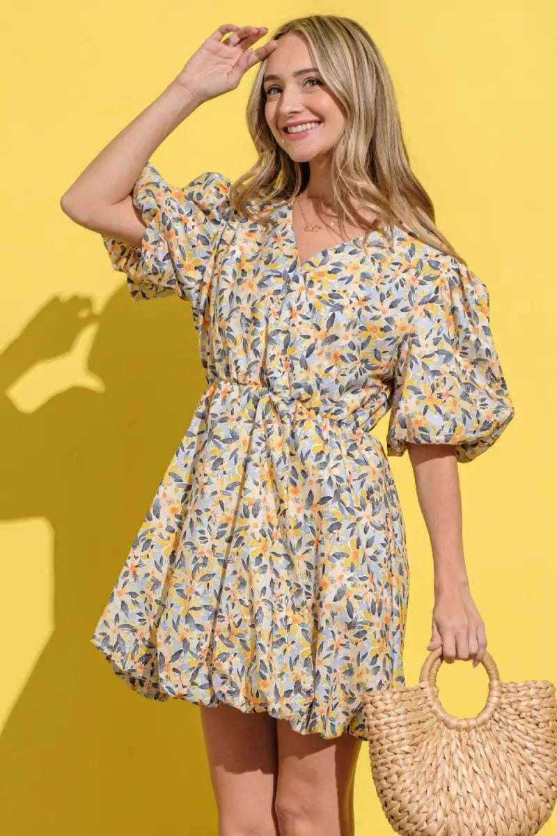 Full Size Floral Surplice Puff Sleeve Dress - And The Why - Dresses