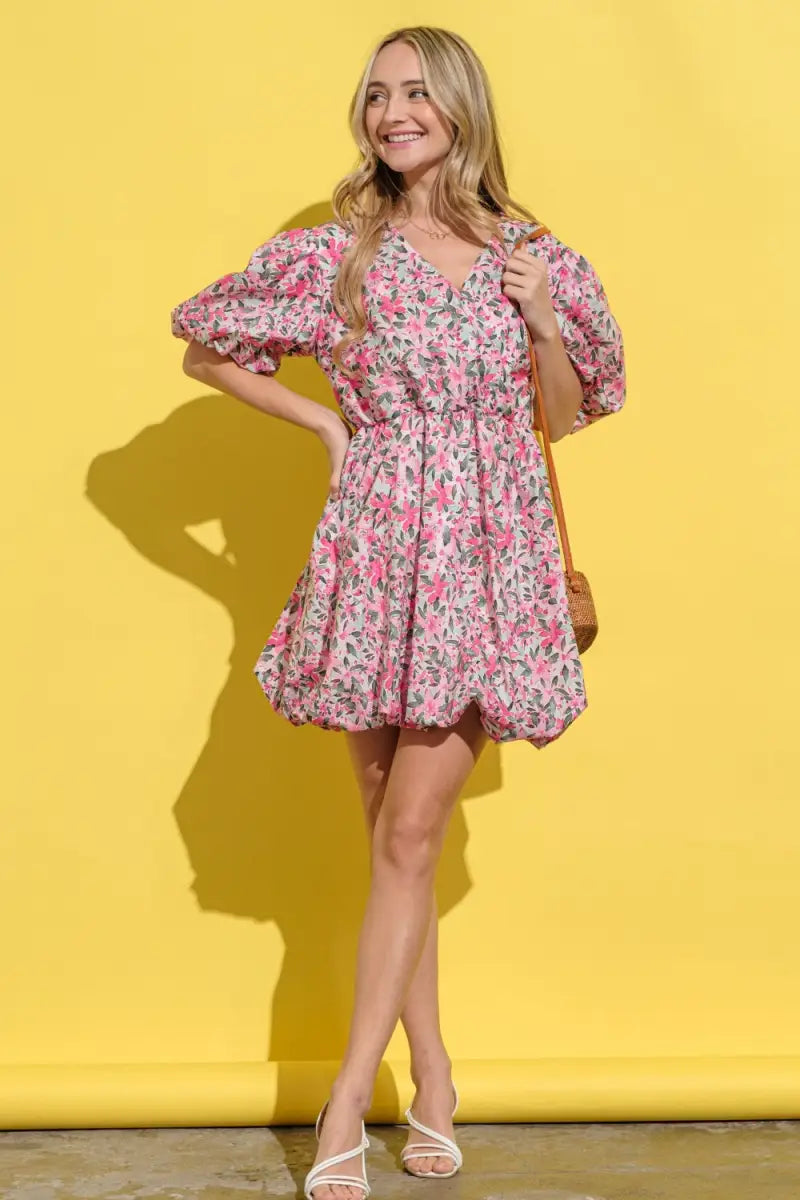 Full Size Floral Surplice Puff Sleeve Dress - And The Why - Dresses