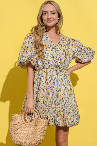 Full Size Floral Surplice Puff Sleeve Dress - And The Why - Dresses