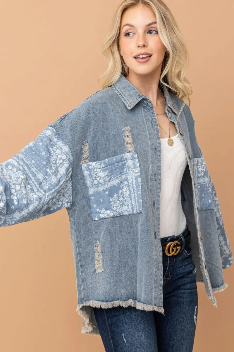 Full Size Paisley Print Quilted Sleeves Denim Jacket - Jacket - And The Why - Outerwear