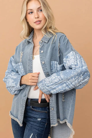 Full Size Paisley Print Quilted Sleeves Denim Jacket - Jacket - And The Why - Outerwear