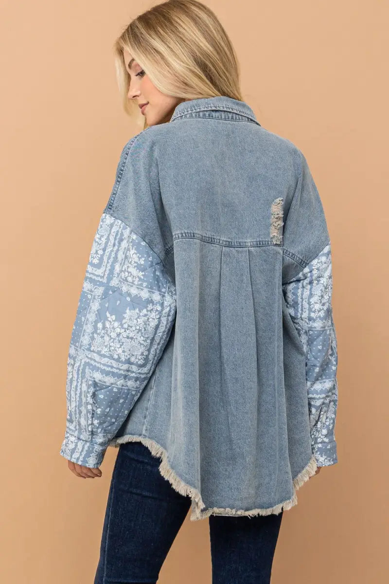 Full Size Paisley Print Quilted Sleeves Denim Jacket - Jacket - And The Why - Outerwear