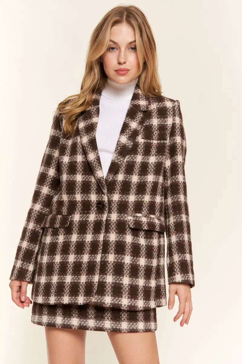 Full Size Plaid Brushed One Button Blazer - Blazer - And The Why - Winter Collection