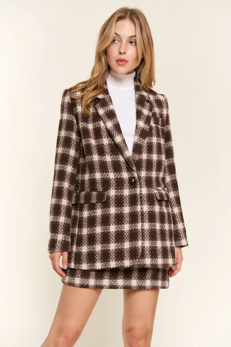 Full Size Plaid Brushed One Button Blazer - Blazer - And The Why - Winter Collection