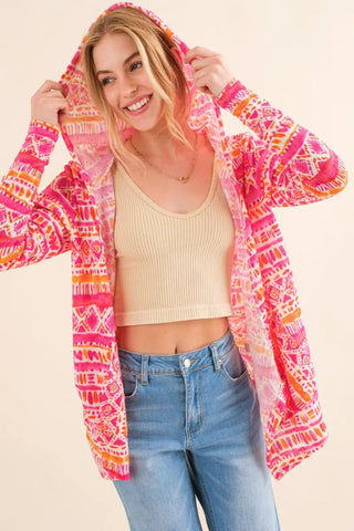 Full Size Printed Thermal Hooded Open Front Cardigan - Cardigan - And The Why - Outerwear