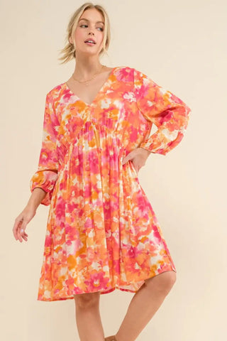 Full Size Printed Tie Back Long Sleeve Dress - And The Why - Dresses