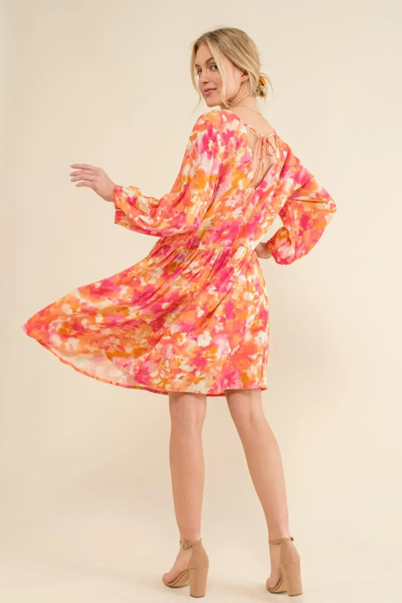 Full Size Printed Tie Back Long Sleeve Dress - And The Why - Dresses