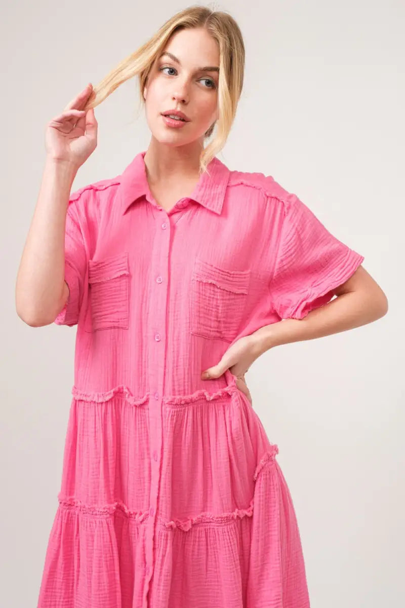 Full Size Raw Edge Washed Tiered Shirt Dress - And The Why - Dresses