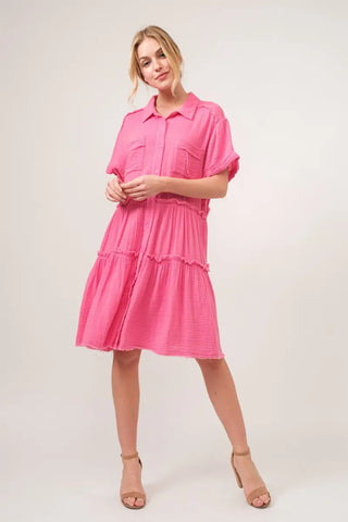 Full Size Raw Edge Washed Tiered Shirt Dress - And The Why - Dresses