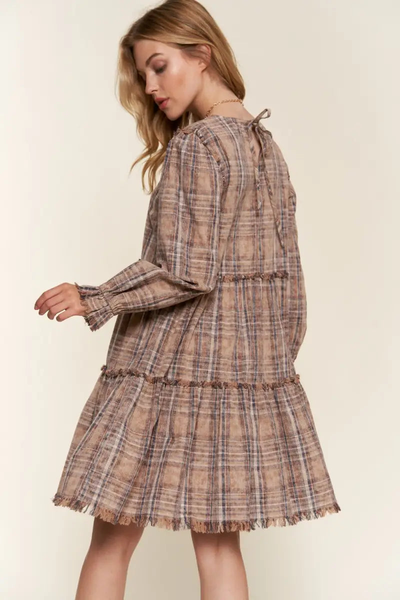 Full Size Washed Frayed Tiered Plaid Dress - And The Why - Dresses