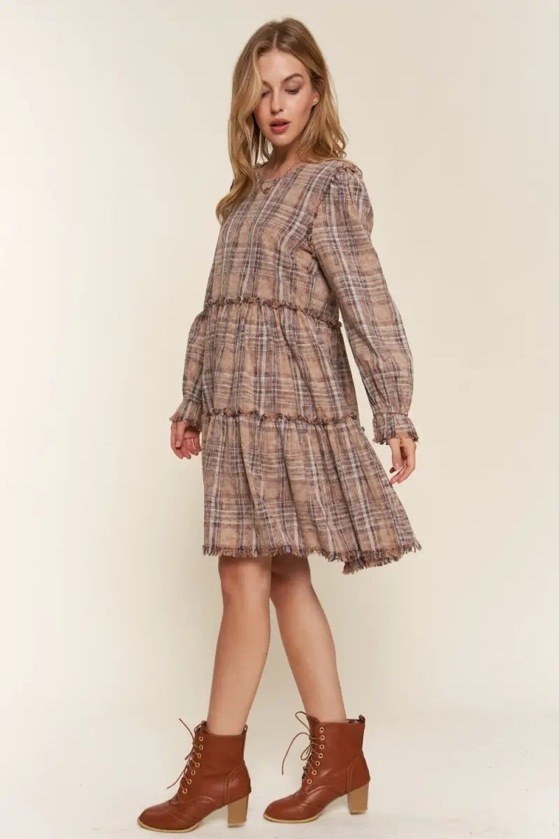 Full Size Washed Frayed Tiered Plaid Dress - And The Why - Dresses